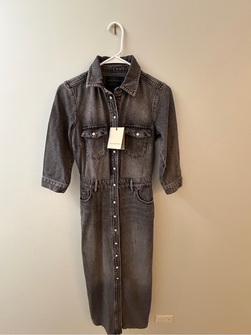 All Saints Washed Black Denim Midi Shirt Dress